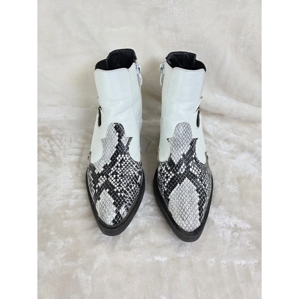 Womens White Snake Print Ankle Boots‎ Western Style Side Zip Chunky Heel Size 36